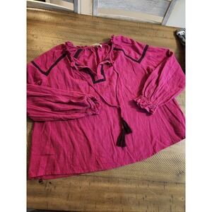 True Craft Women's Pink Peasant Long Sleeve Blouse With Blue Embroidery, Size L‎